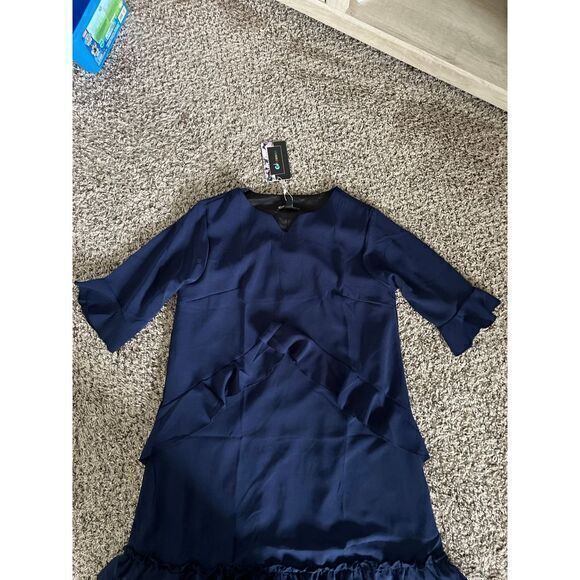 NWT Women’s Cherfly Navy Blue Swing Dress ruffles short sleeves size medium - Picture 3 of 7